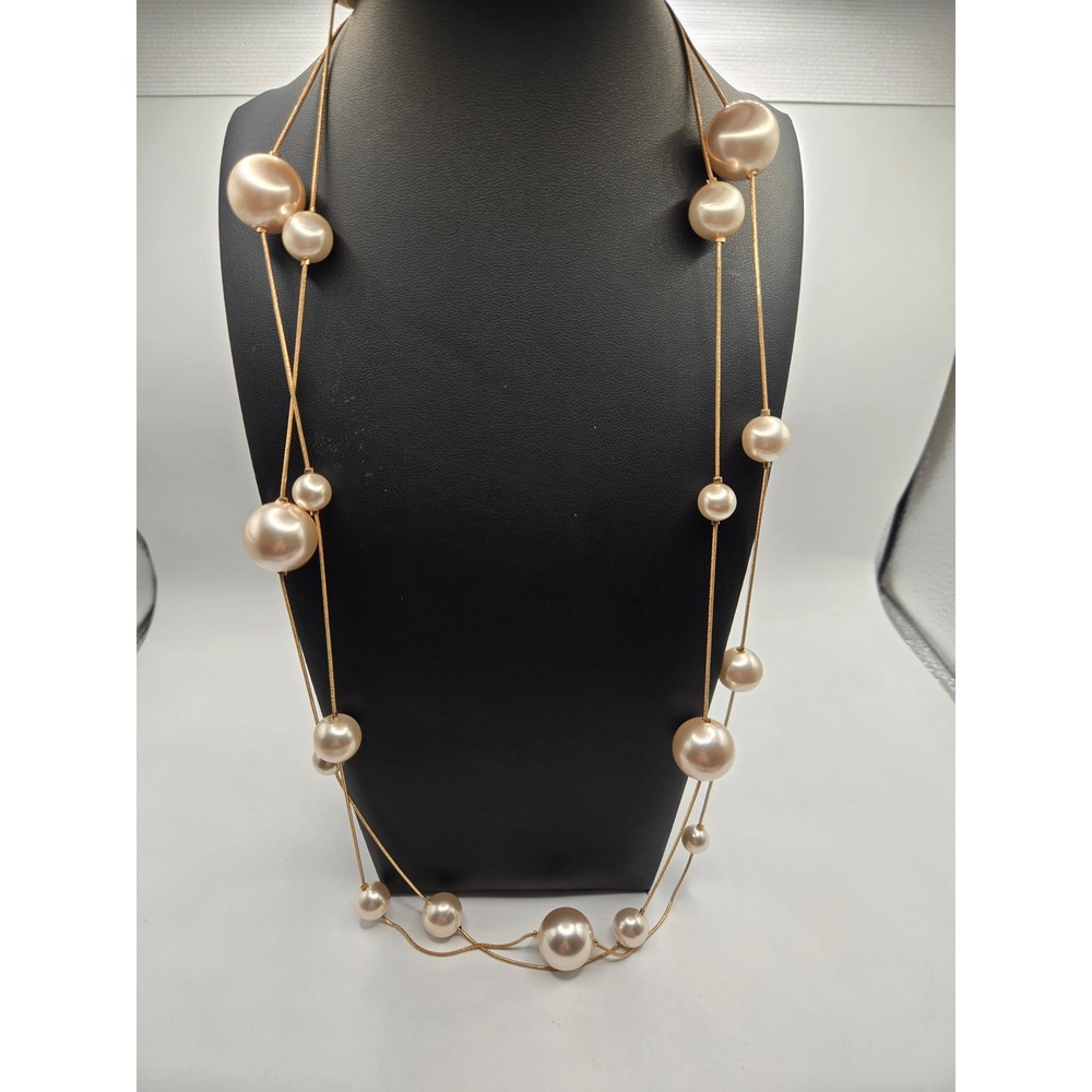 Champagne Faux Pearl Double Strand Gold Tone Snake Chain Long Necklace 26in